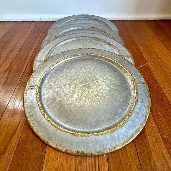 Set of 4 Hearth & Hand Magnolia Galvanized Chargers w/ Gold Accents - Picture 5 of 12